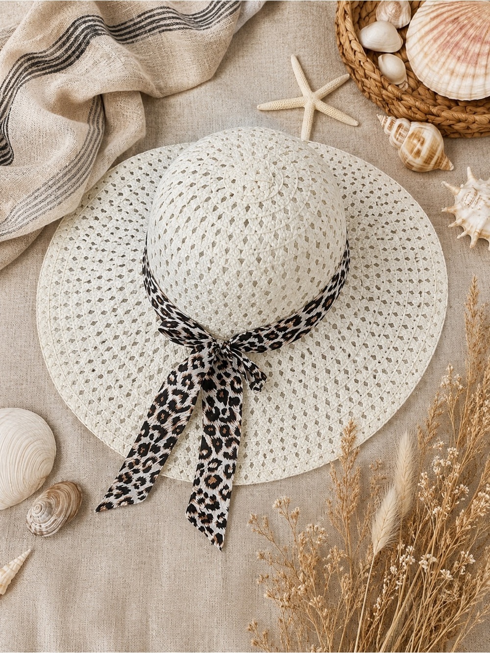 Woven Straw Wide Brim Sun Hat with Leopard Print Bow